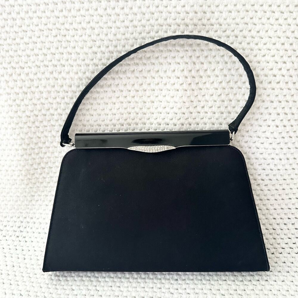 Crown Lewis Black Satin Evening Top Handle Clutch Mini Box Satchel Crystal Clasp